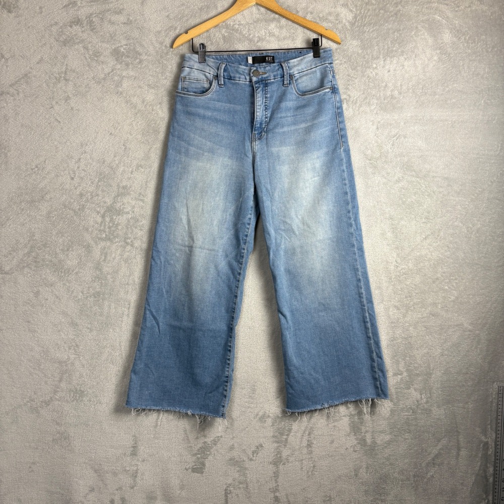 KUT from the Kloth Jeans Meg Fab Ab Wide Leg Size 8 Light Blue Raw Hem High Rise